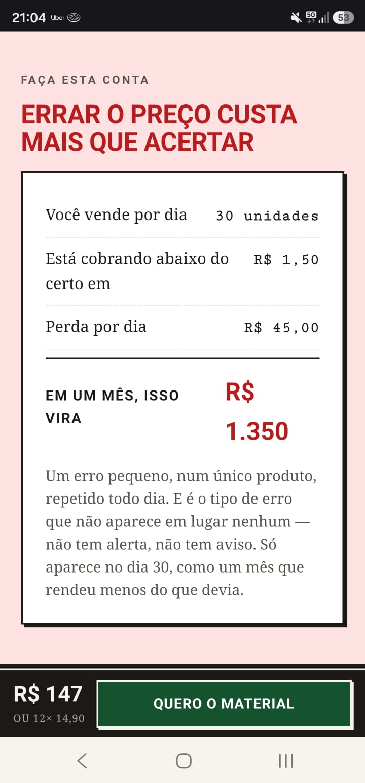 Exemplo visual de uma conta mostrando como cobrar R$ 1,50 a menos pode representar uma perda de R$ 1.350 no mês